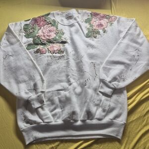 White Sweatshirt with Pink Rose Embellishments
